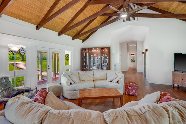 living room with hardwood / wood-style floors, beam ceiling, wood ceiling, and high vaulted ceiling