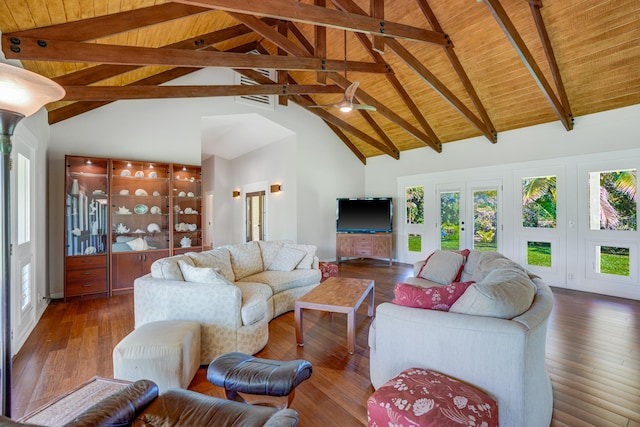 living room with wood ceiling, beamed ceiling, high vaulted ceiling, and dark wood-type flooring