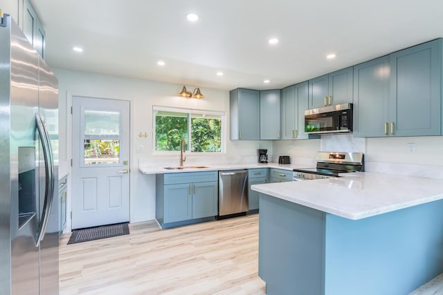 kitchen featuring appliances with stainless steel finishes, sink, light wood-type flooring, and kitchen peninsula