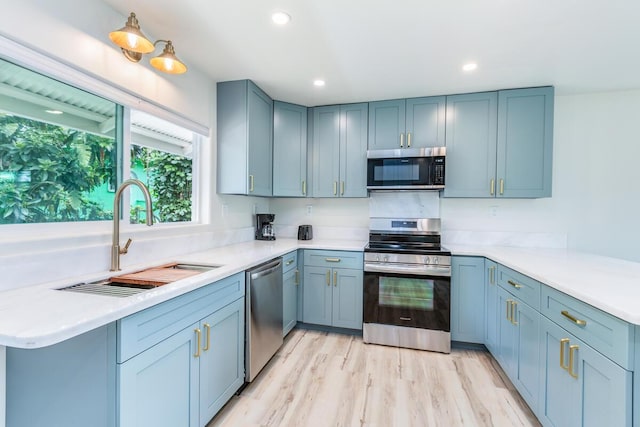 kitchen with sink, light hardwood / wood-style flooring, stainless steel appliances, and kitchen peninsula