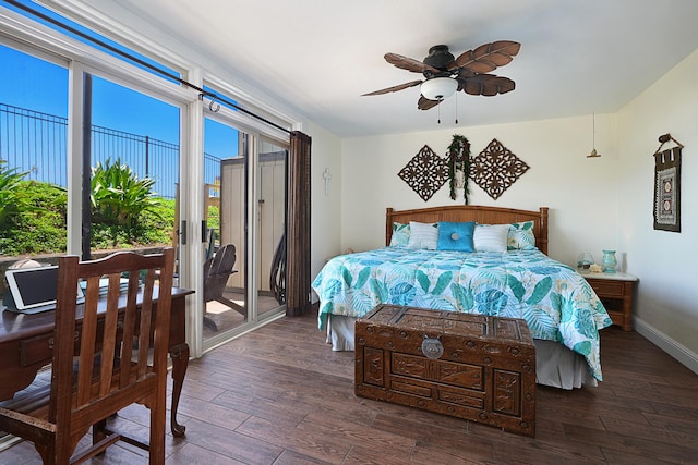 bedroom with access to exterior, ceiling fan, and dark wood-type flooring