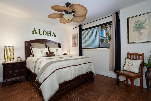 bedroom featuring ceiling fan and dark hardwood / wood-style floors