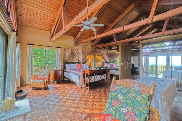 bedroom featuring parquet floors, multiple windows, beamed ceiling, and wood ceiling