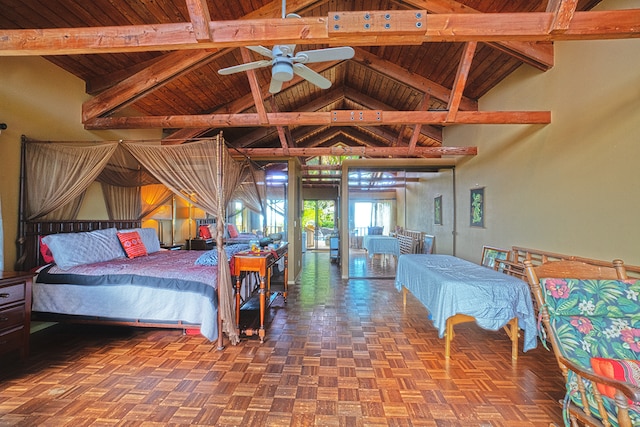 bedroom featuring parquet floors, lofted ceiling with beams, and wood ceiling