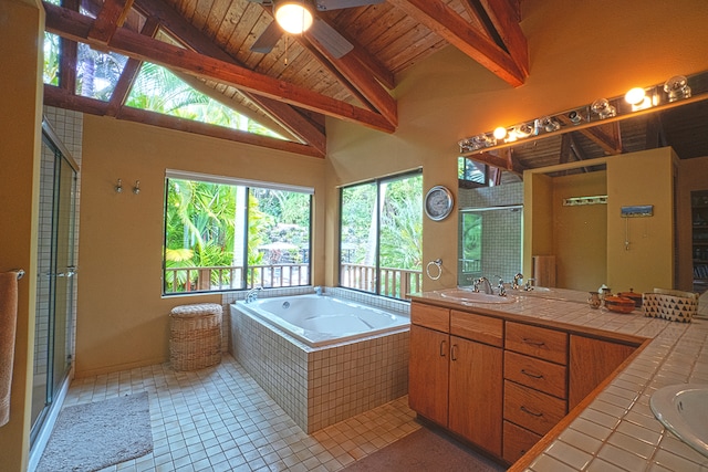 bathroom with vanity, wooden ceiling, and tile patterned floors