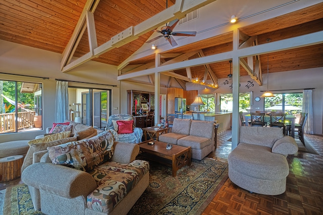 living room featuring parquet floors, ceiling fan, wooden ceiling, high vaulted ceiling, and beamed ceiling