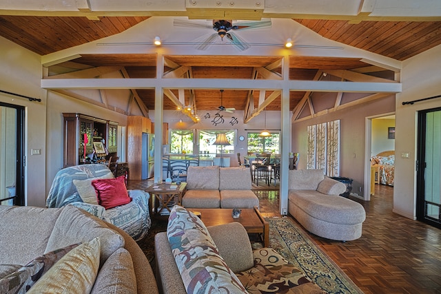 living room with beam ceiling, wooden ceiling, and parquet floors