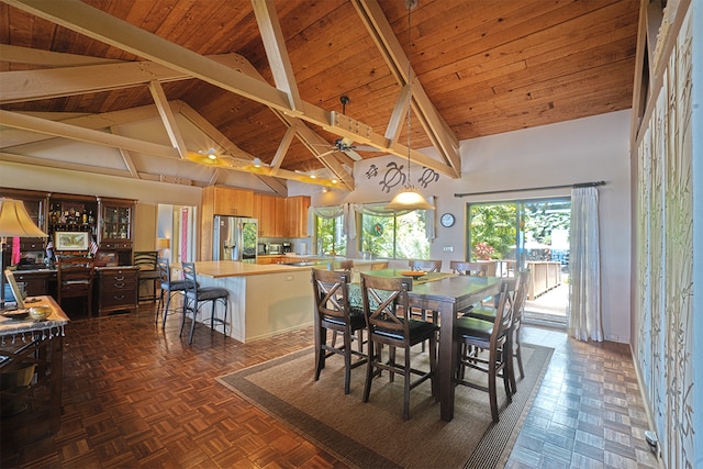 dining room featuring high vaulted ceiling, wooden ceiling, ceiling fan, and dark parquet floors