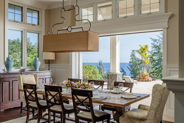 dining room featuring a water view, a healthy amount of sunlight, and crown molding