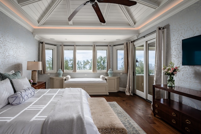 bedroom featuring access to exterior, ceiling fan, dark hardwood / wood-style flooring, and vaulted ceiling with beams