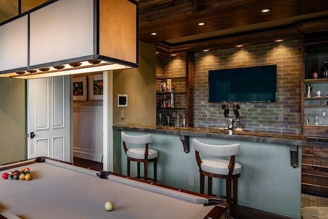 bar featuring recessed lighting, billiards, wood ceiling, and wet bar