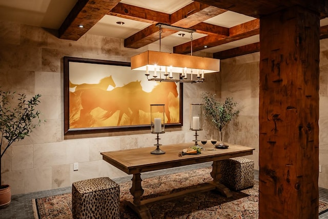 interior space featuring beam ceiling, coffered ceiling, tile walls, and an inviting chandelier