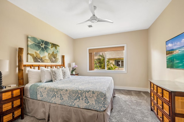 bedroom with ceiling fan and carpet floors