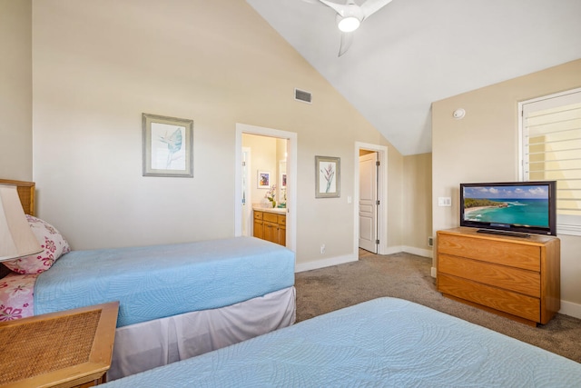 bedroom with carpet flooring, connected bathroom, high vaulted ceiling, and ceiling fan