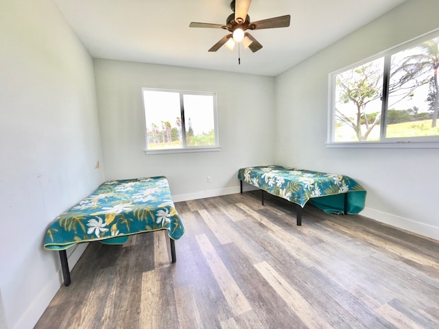 bedroom with ceiling fan, wood-type flooring, and multiple windows