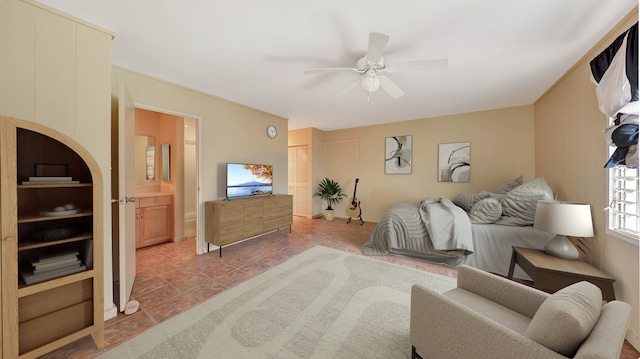 tiled bedroom featuring ensuite bathroom and ceiling fan