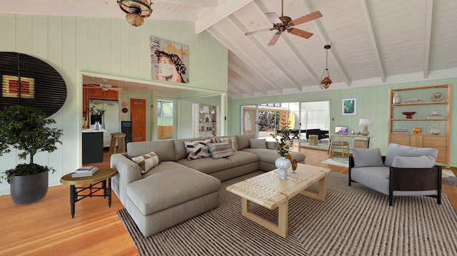 living room featuring beamed ceiling, hardwood / wood-style floors, ceiling fan, and wood walls