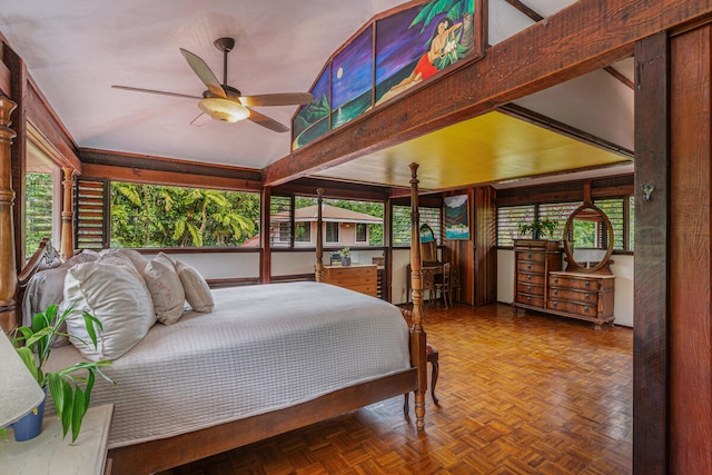 bedroom with multiple windows, ceiling fan, and parquet flooring