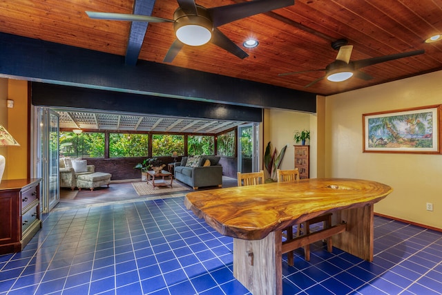 rec room featuring dark tile patterned floors, wooden ceiling, and ceiling fan