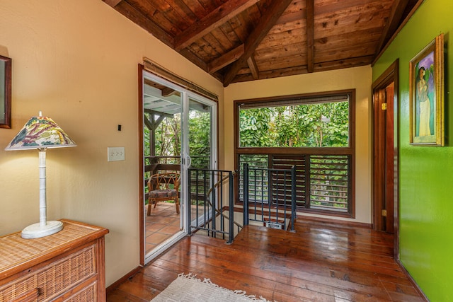 interior space featuring dark hardwood / wood-style floors, lofted ceiling with beams, and wooden ceiling