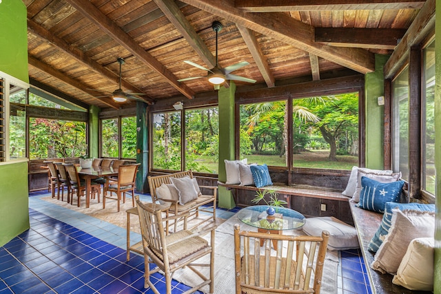 sunroom with wood ceiling, lofted ceiling with beams, and ceiling fan