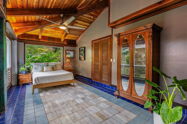 unfurnished bedroom featuring beamed ceiling, tile patterned floors, wood ceiling, and ceiling fan