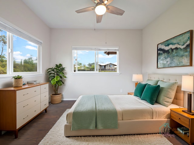 bedroom featuring ceiling fan and dark hardwood / wood-style floors