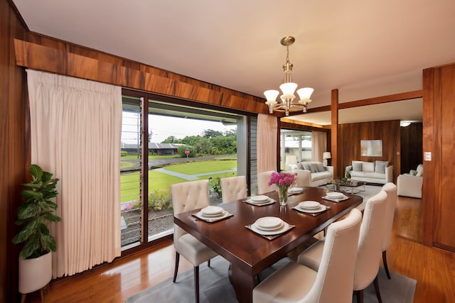 dining area featuring hardwood / wood-style flooring, a wealth of natural light, a notable chandelier, and wooden walls