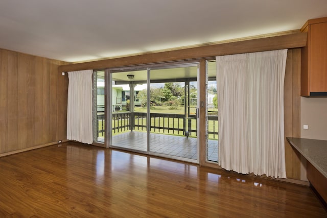 doorway featuring hardwood / wood-style flooring, wooden walls, and a healthy amount of sunlight