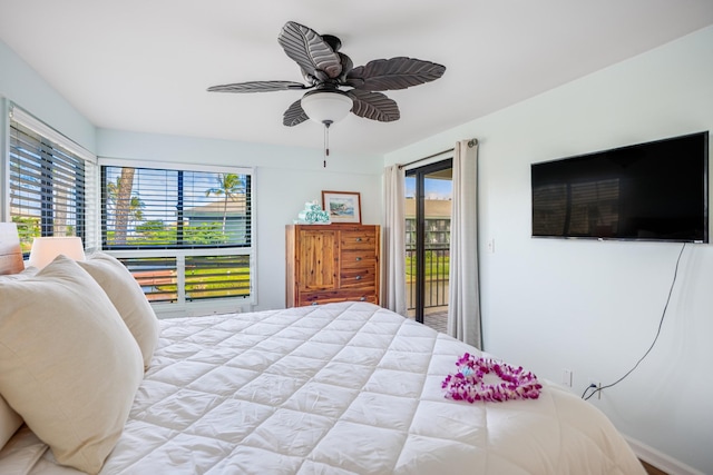 bedroom featuring access to exterior and ceiling fan