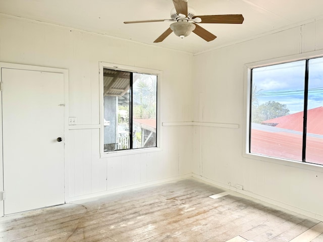 empty room featuring ceiling fan and light hardwood / wood-style flooring