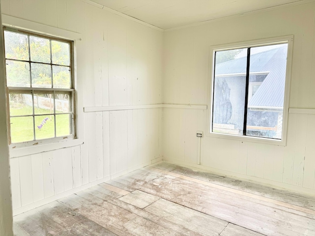 unfurnished room featuring wooden walls and light hardwood / wood-style floors