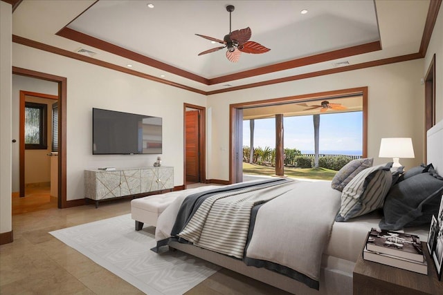 bedroom with a tray ceiling, access to exterior, ceiling fan, and crown molding