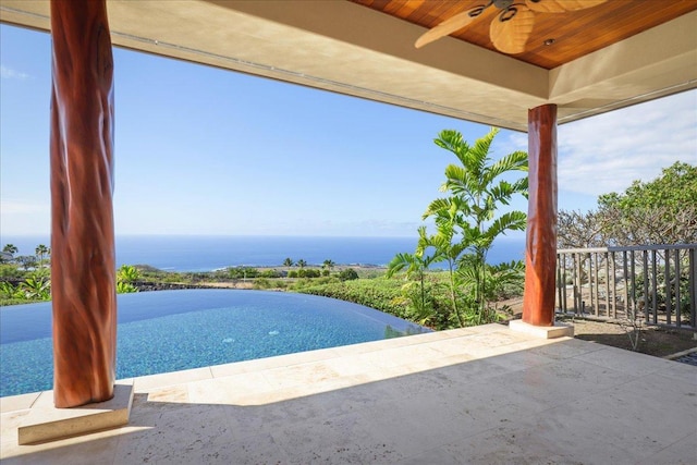 view of pool featuring a water view and ceiling fan