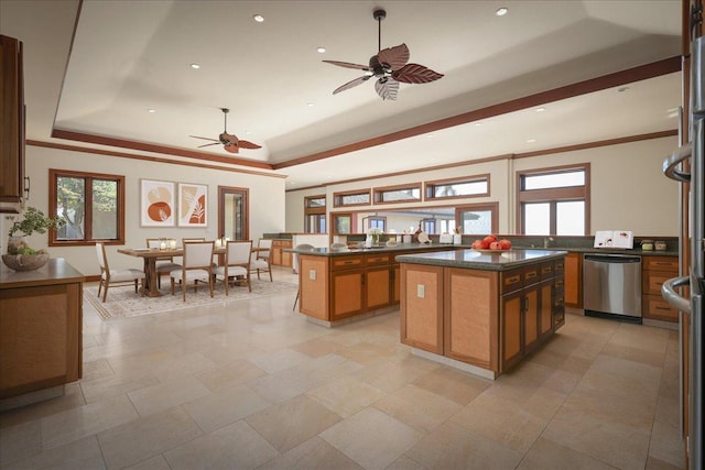 kitchen with a raised ceiling, a kitchen island, stainless steel dishwasher, and ornamental molding