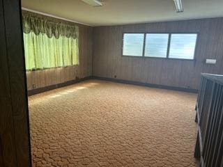 carpeted spare room with wooden walls