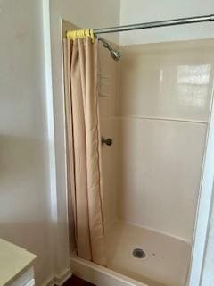 bathroom featuring curtained shower and vanity