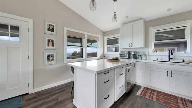 kitchen featuring dark hardwood / wood-style floors, stainless steel dishwasher, vaulted ceiling, sink, and white cabinetry