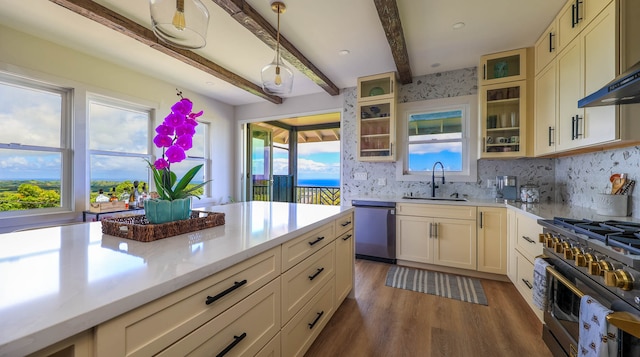 kitchen with dark hardwood / wood-style flooring, hanging light fixtures, beam ceiling, appliances with stainless steel finishes, and sink