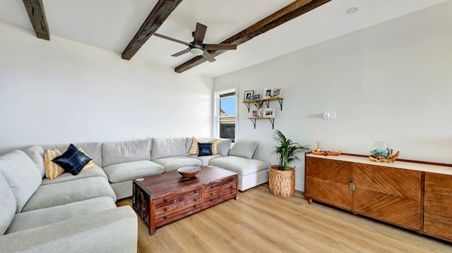 living room featuring beamed ceiling, ceiling fan, and light hardwood / wood-style flooring