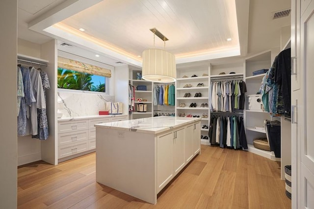 walk in closet featuring light hardwood / wood-style floors and a tray ceiling