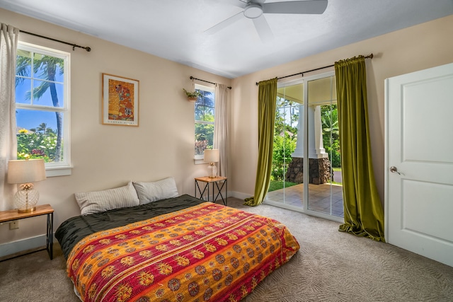 bedroom with ceiling fan, light carpet, and access to outside