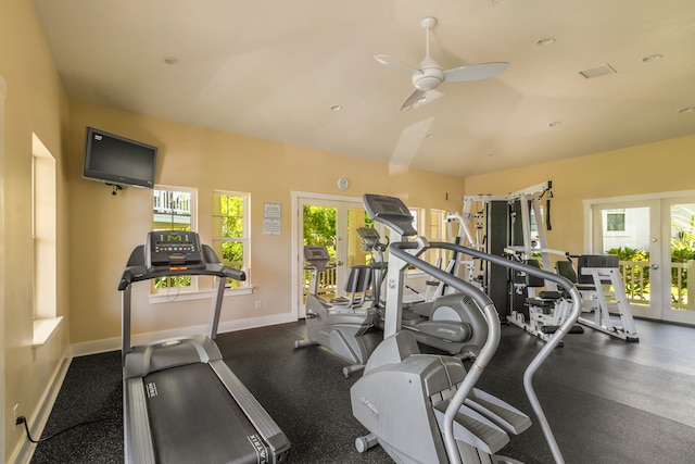 exercise room featuring ceiling fan and french doors