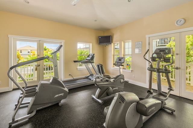 workout area with french doors and a healthy amount of sunlight
