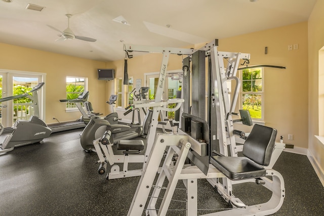 workout area with ceiling fan