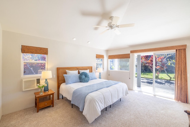 bedroom featuring access to outside, ceiling fan, and light colored carpet