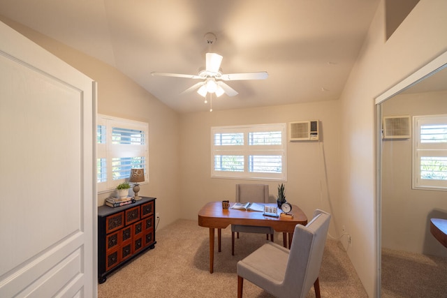 office with a wall mounted AC, light colored carpet, ceiling fan, and lofted ceiling