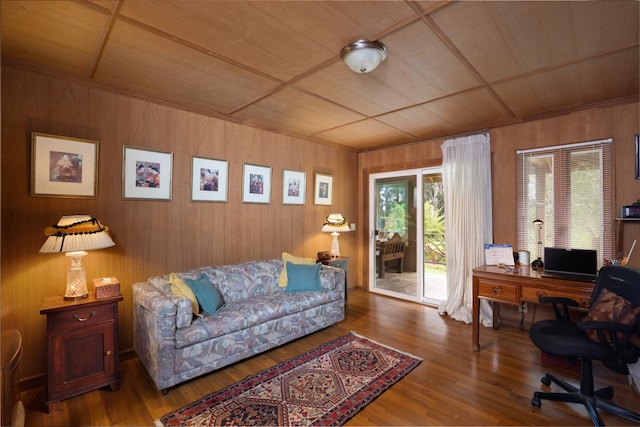 home office with wood walls, wood-type flooring, and wooden ceiling