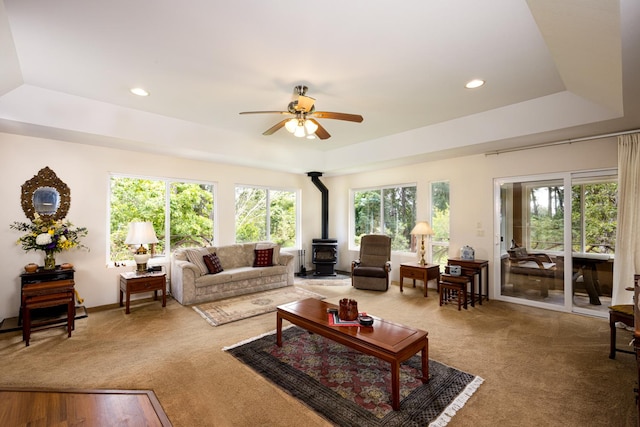 carpeted living room featuring ceiling fan, a raised ceiling, and a wood stove