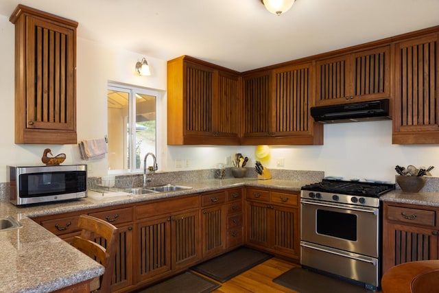 kitchen with light stone counters, sink, light wood-type flooring, and stainless steel appliances